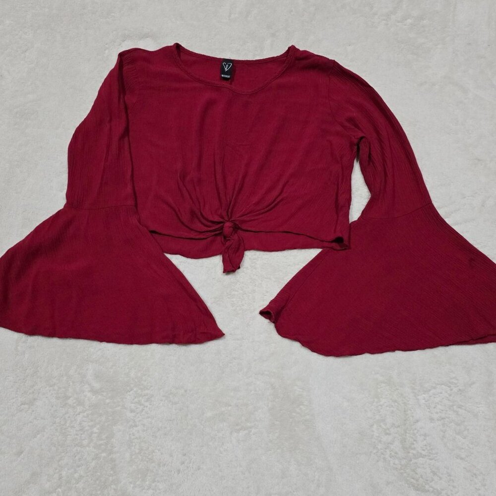 Windsor ✦ Red Flare Sleeve Crop Top ✦ Tie‑Front Textured Boho Style Made in USA - Picture 11 of 15